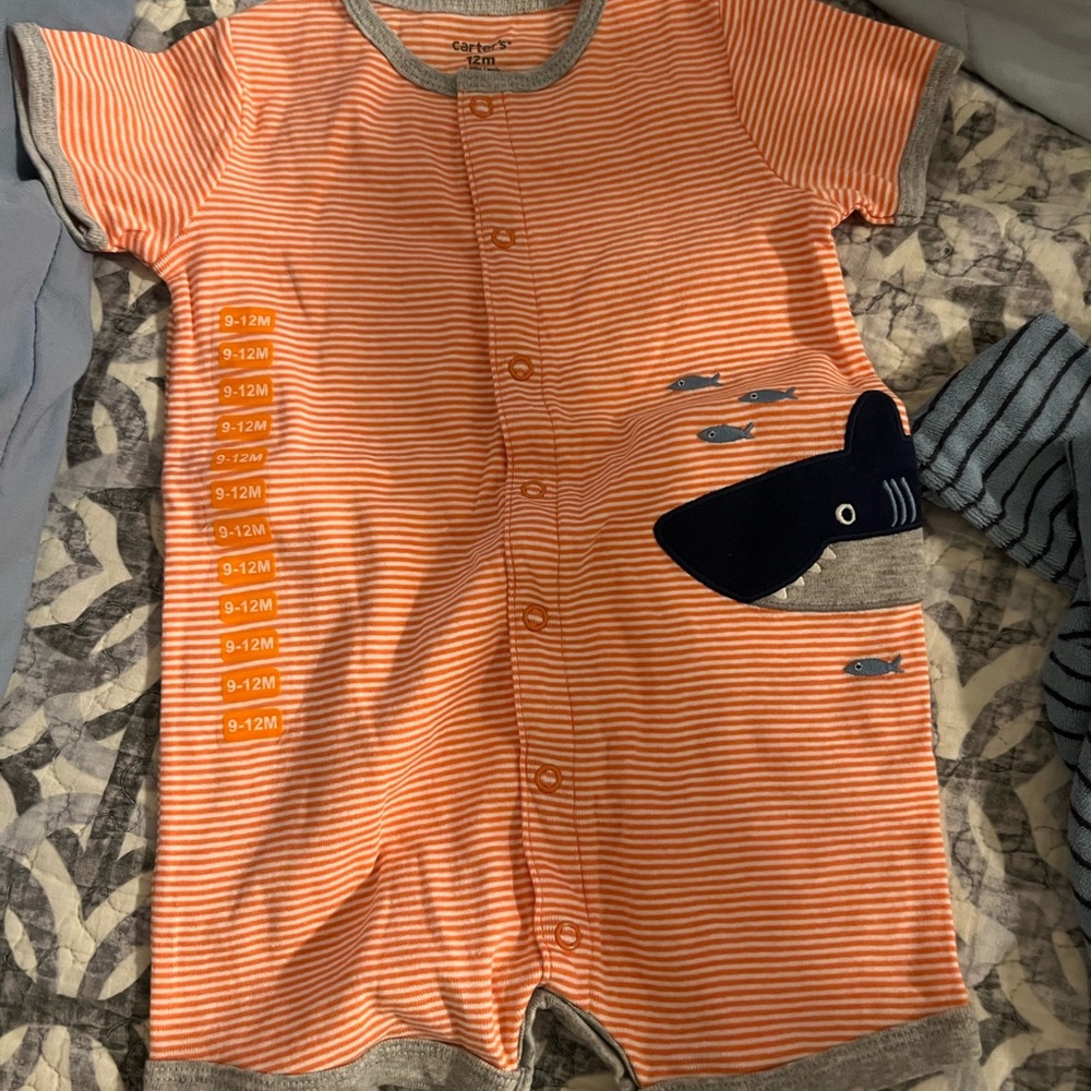 Carter's Orange and Gray Striped Bodysuit with Shark Design